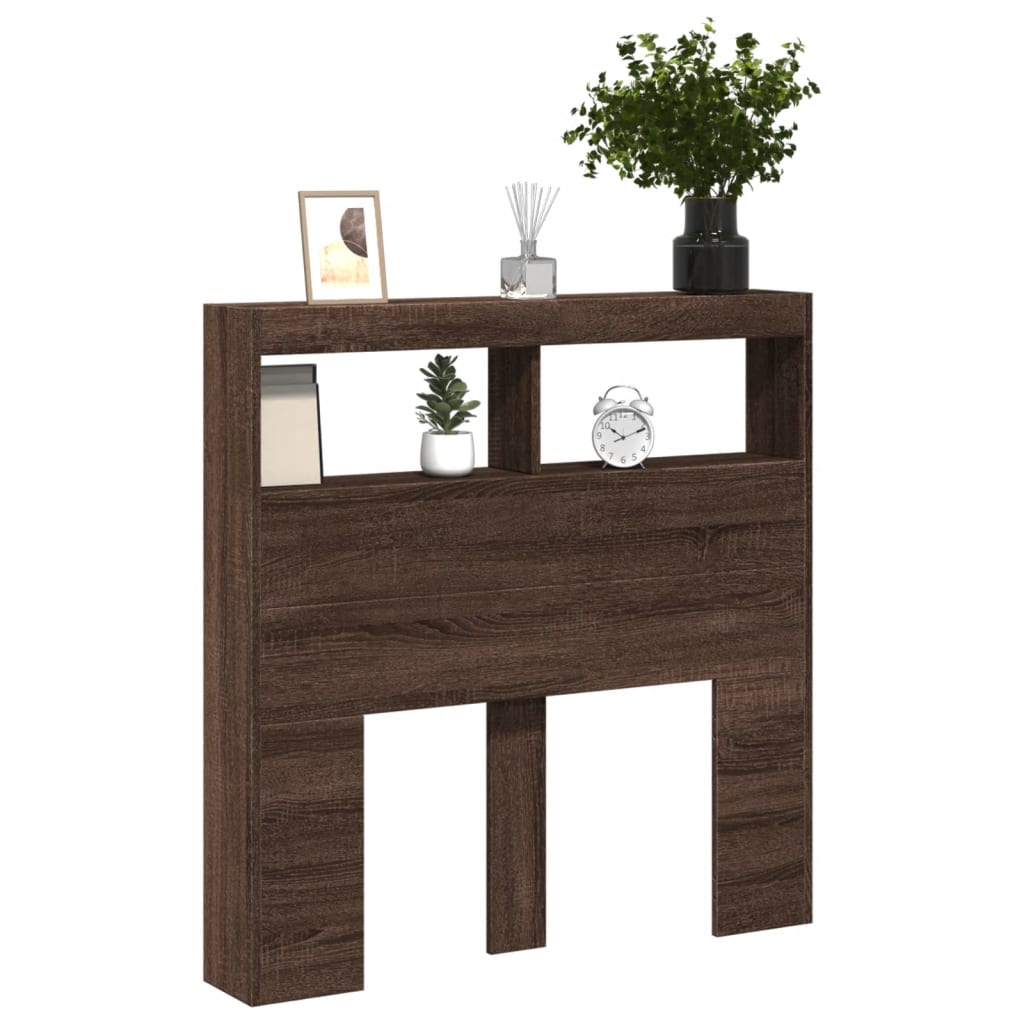 sengegavl med opbevaring og LED-lys 100x17x102 cm brunt eg