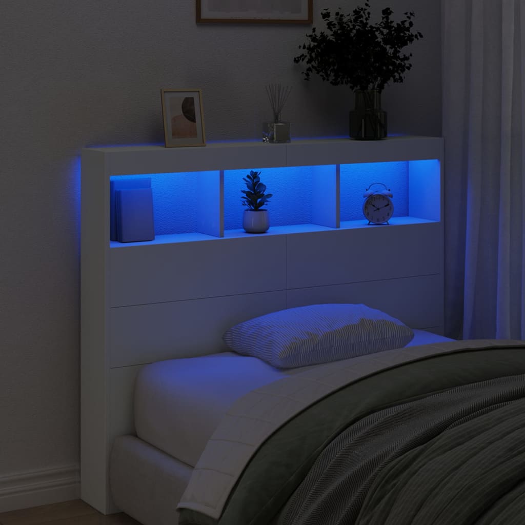 sengegavl med opbevaring og LED-lys 120x17x102 cm hvid