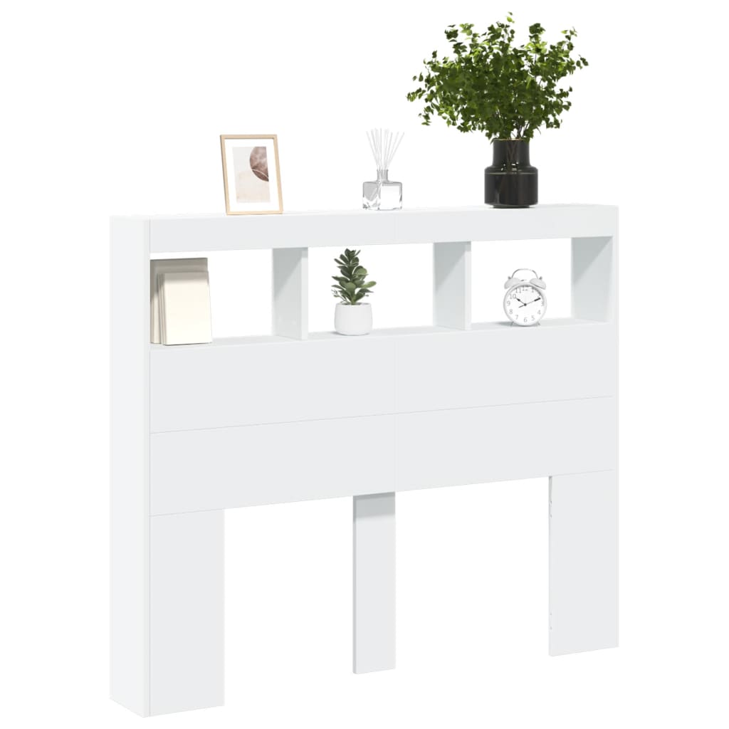 sengegavl med opbevaring og LED-lys 120x17x102 cm hvid