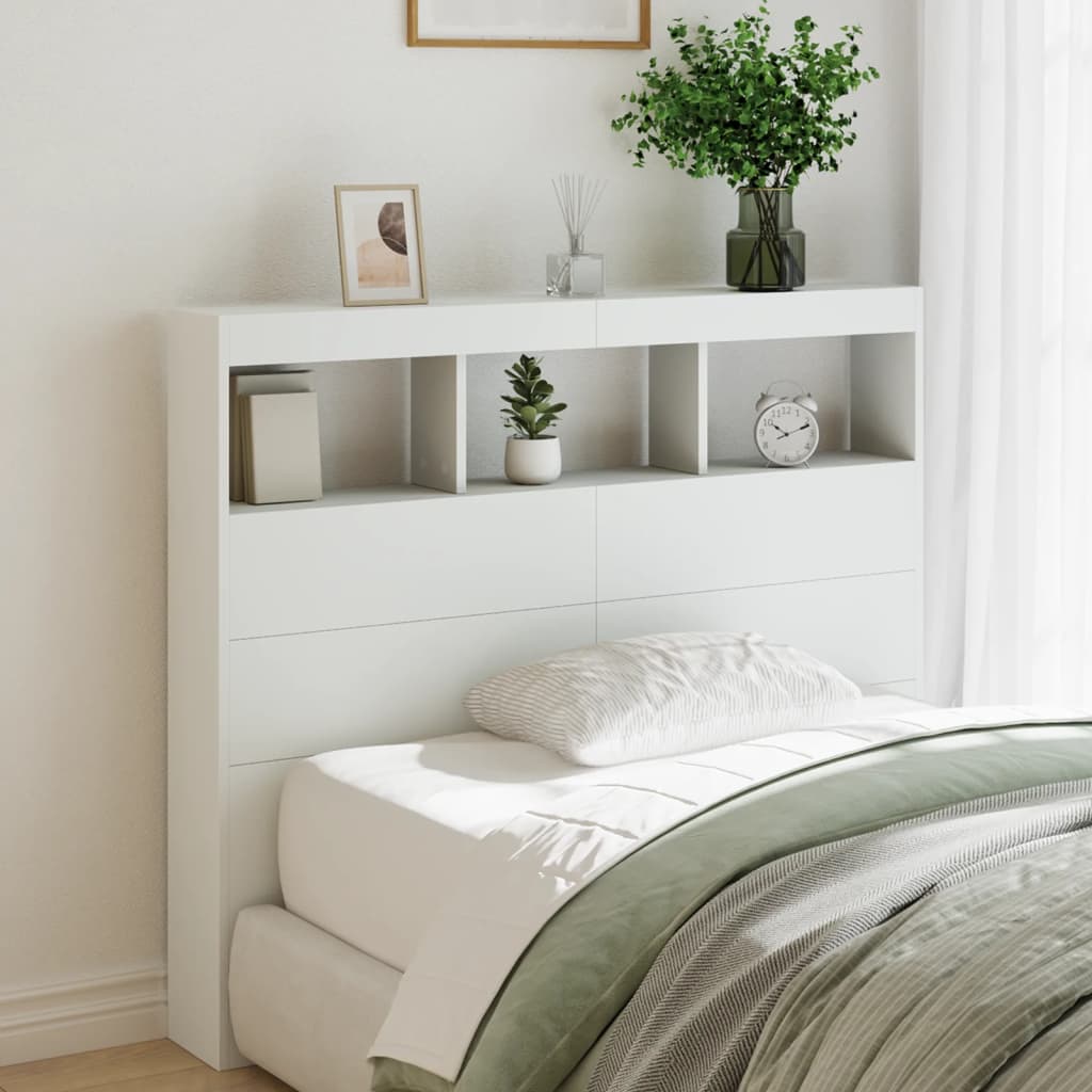 sengegavl med opbevaring og LED-lys 120x17x102 cm hvid