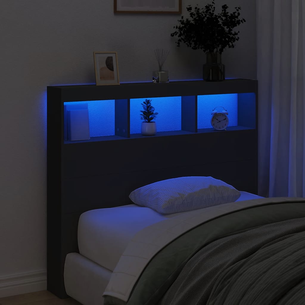 sengegavl med opbevaring og LED-lys 120x17x102 cm sort
