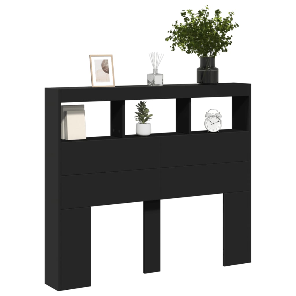sengegavl med opbevaring og LED-lys 120x17x102 cm sort