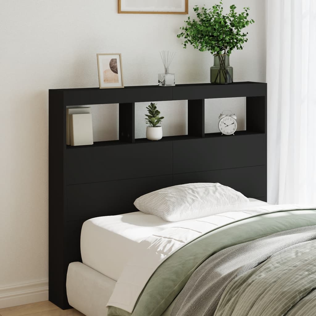 sengegavl med opbevaring og LED-lys 120x17x102 cm sort