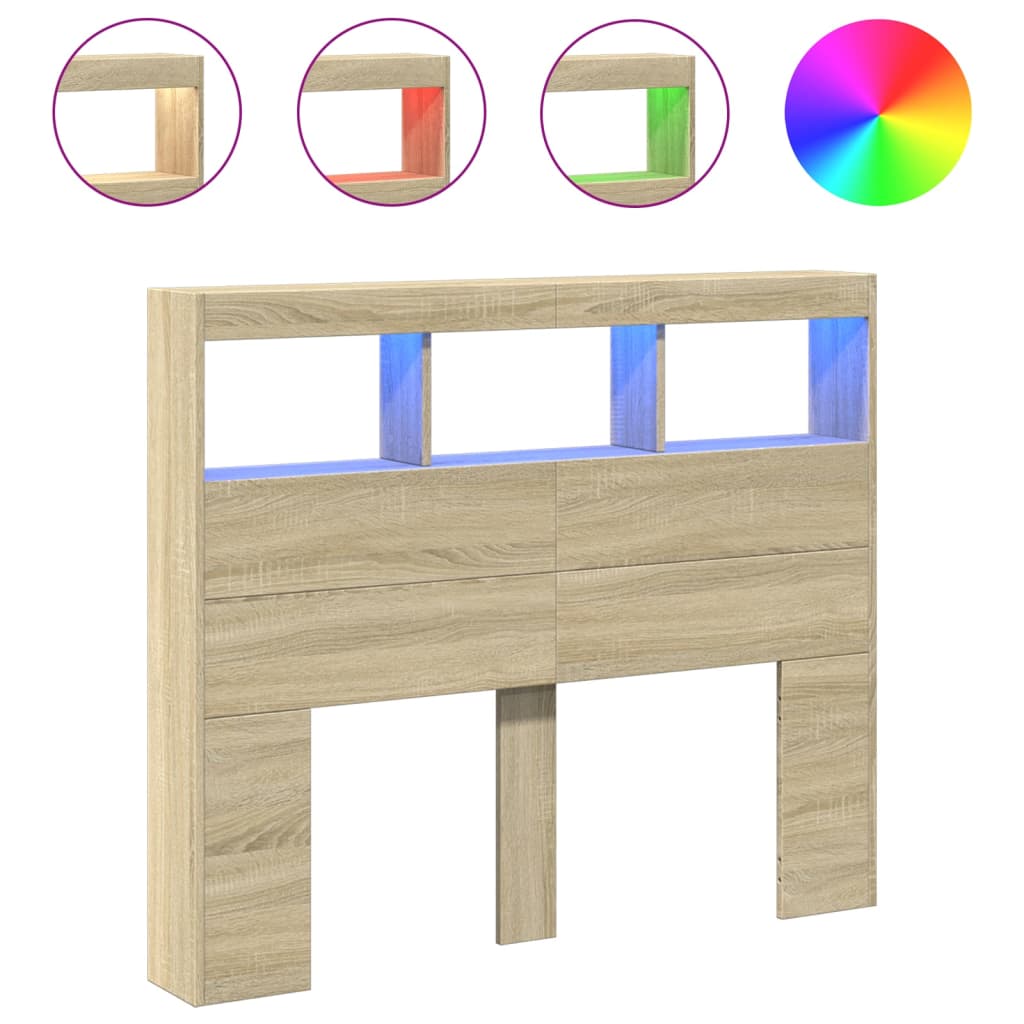 sengegavl med opbevaring og LED-lys 120x17x102 cm sonoma-eg