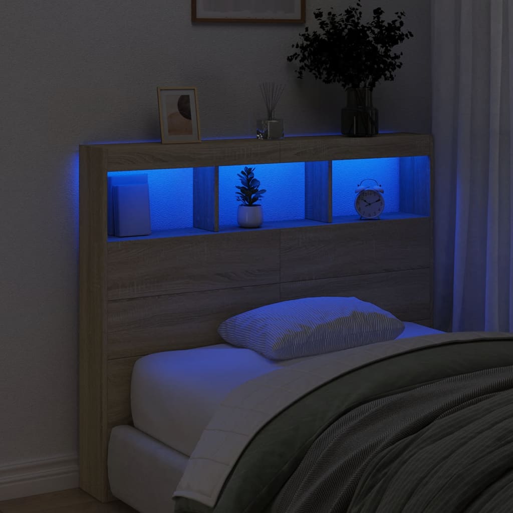 sengegavl med opbevaring og LED-lys 120x17x102 cm sonoma-eg