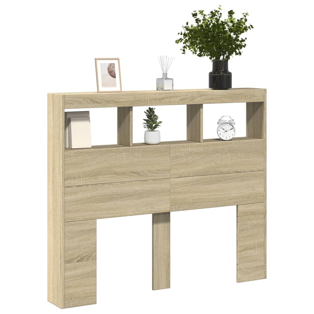 sengegavl med opbevaring og LED-lys 120x17x102 cm sonoma-eg