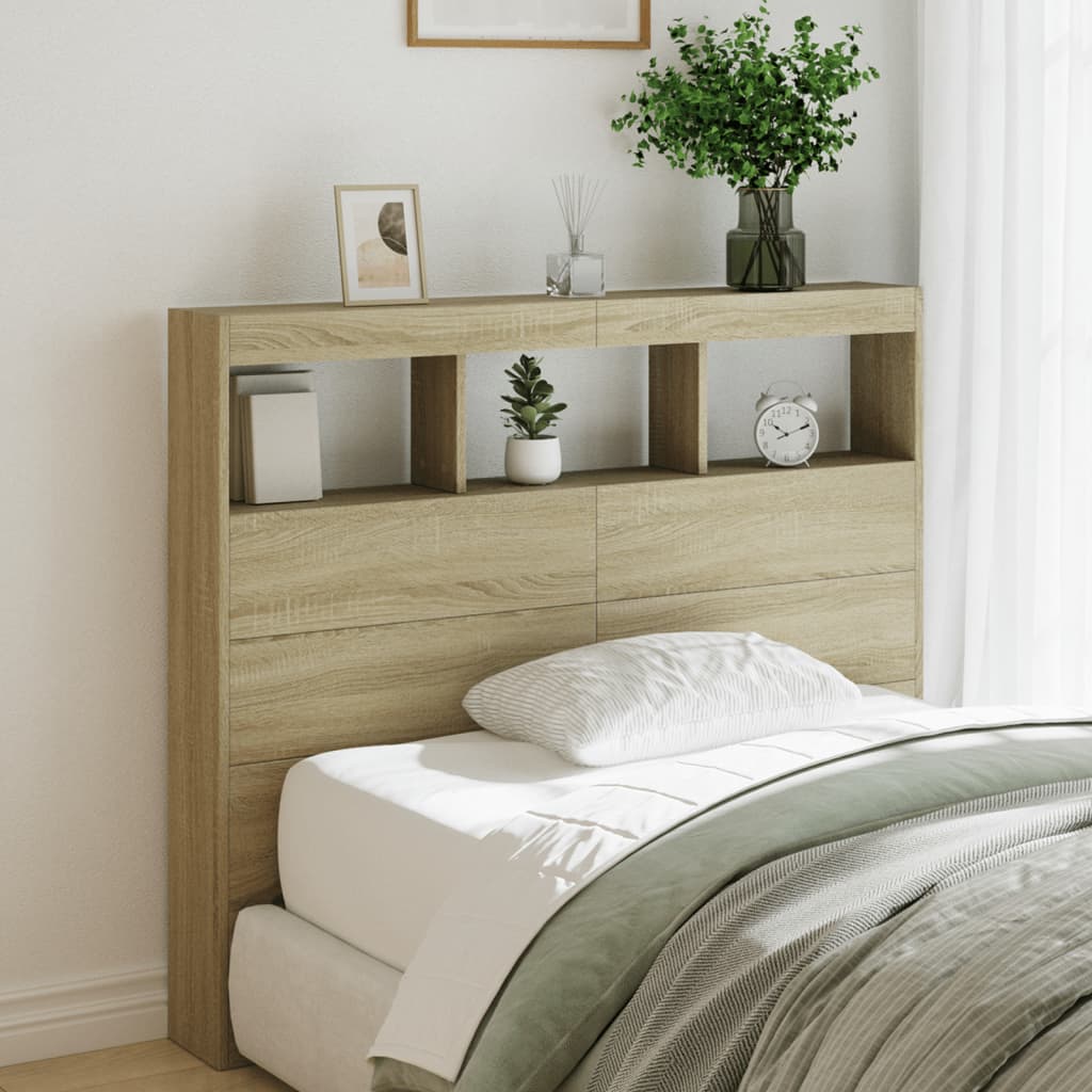 sengegavl med opbevaring og LED-lys 120x17x102 cm sonoma-eg