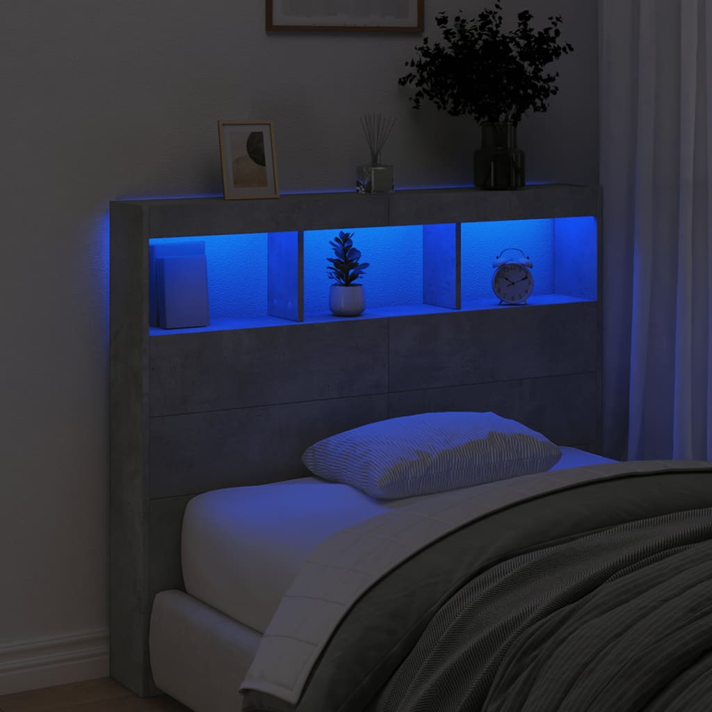 sengegavl med opbevaring og LED-lys 120x17x102 cm betongrå