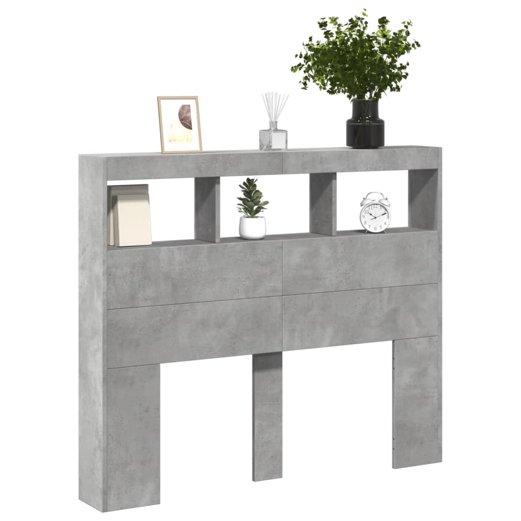 sengegavl med opbevaring og LED-lys 120x17x102 cm betongrå