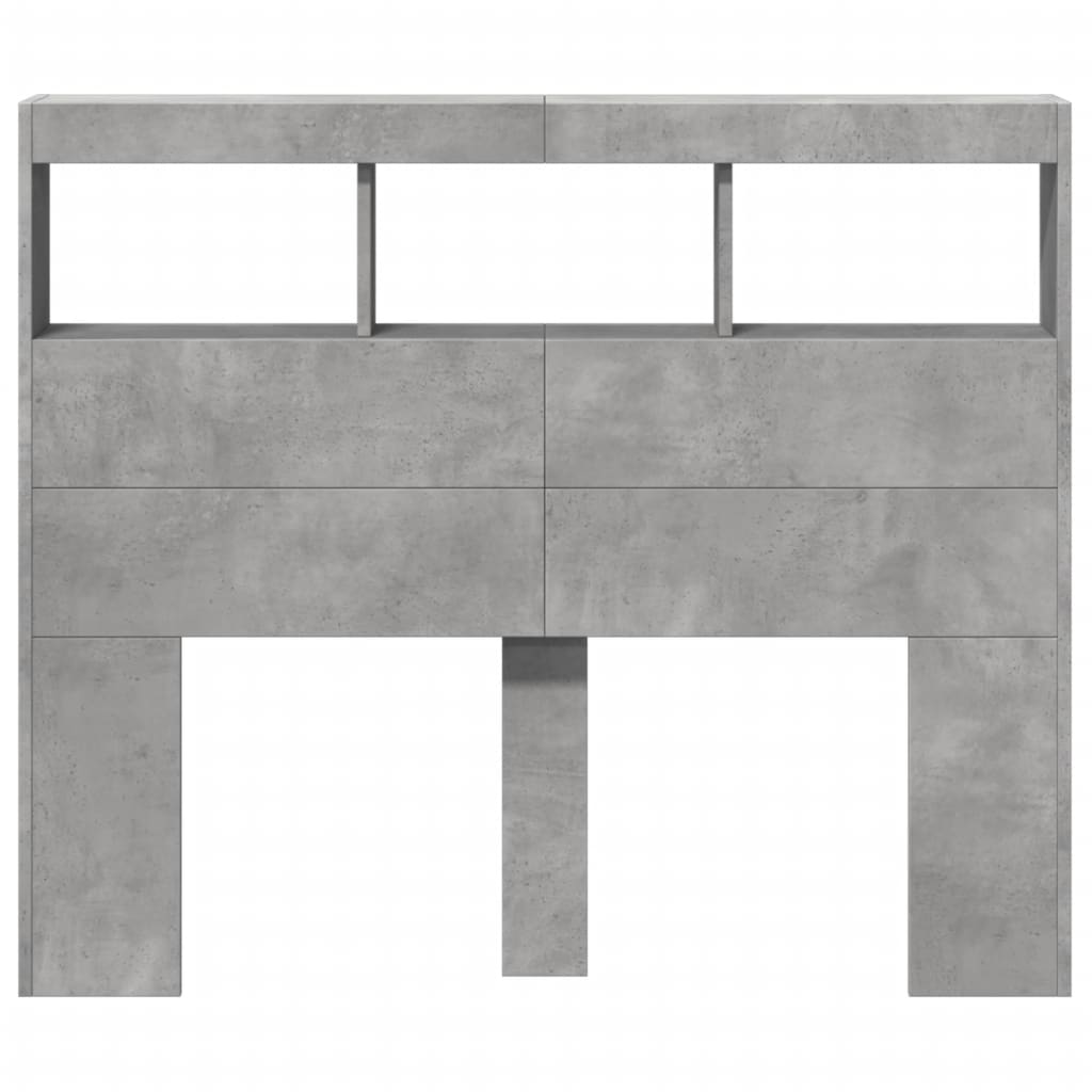 sengegavl med opbevaring og LED-lys 120x17x102 cm betongrå