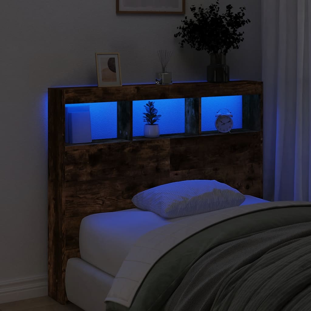 sengegavl med opbevaring og LED-lys 120x17x102 cm røget eg