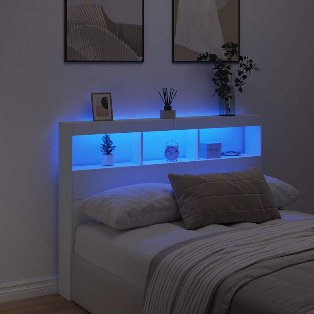 sengegavl med opbevaring og LED-lys 140x17x102 cm hvid