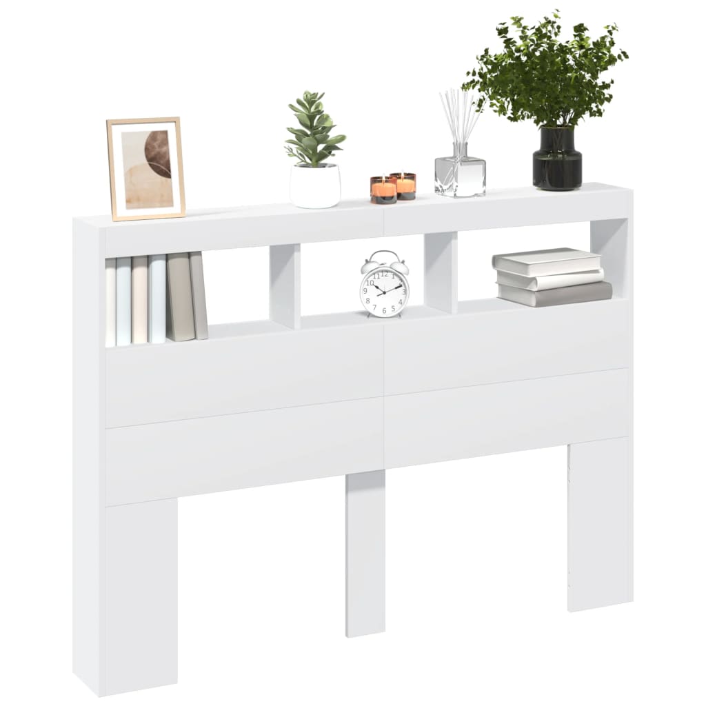 sengegavl med opbevaring og LED-lys 140x17x102 cm hvid