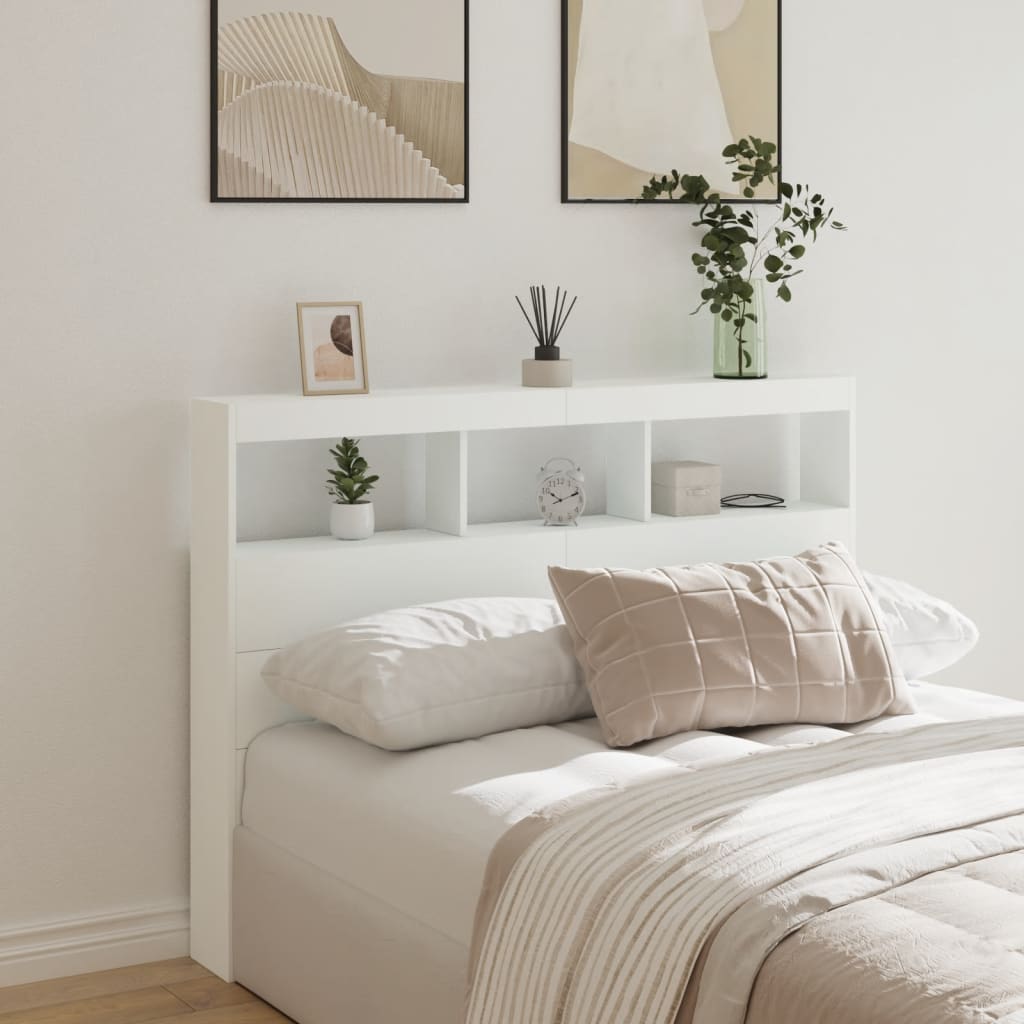 sengegavl med opbevaring og LED-lys 140x17x102 cm hvid