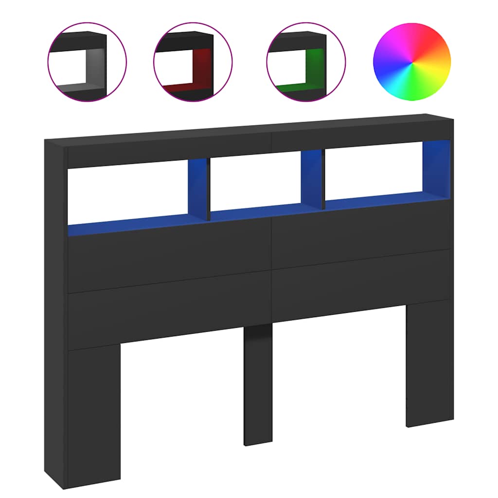 sengegavl med opbevaring og LED-lys 140x17x102 cm sort
