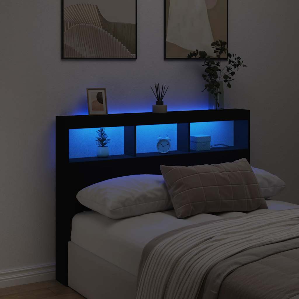 sengegavl med opbevaring og LED-lys 140x17x102 cm sort