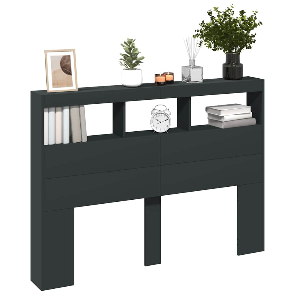 sengegavl med opbevaring og LED-lys 140x17x102 cm sort