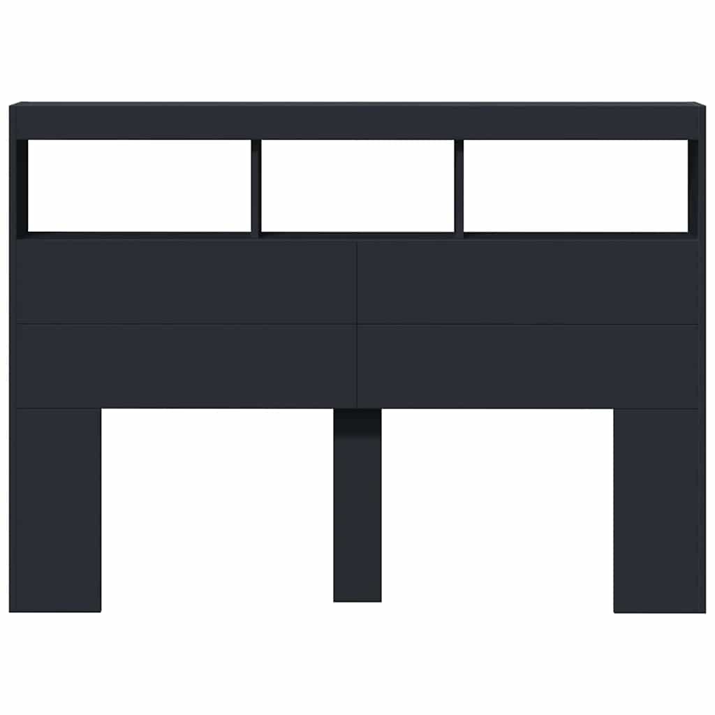 sengegavl med opbevaring og LED-lys 140x17x102 cm sort