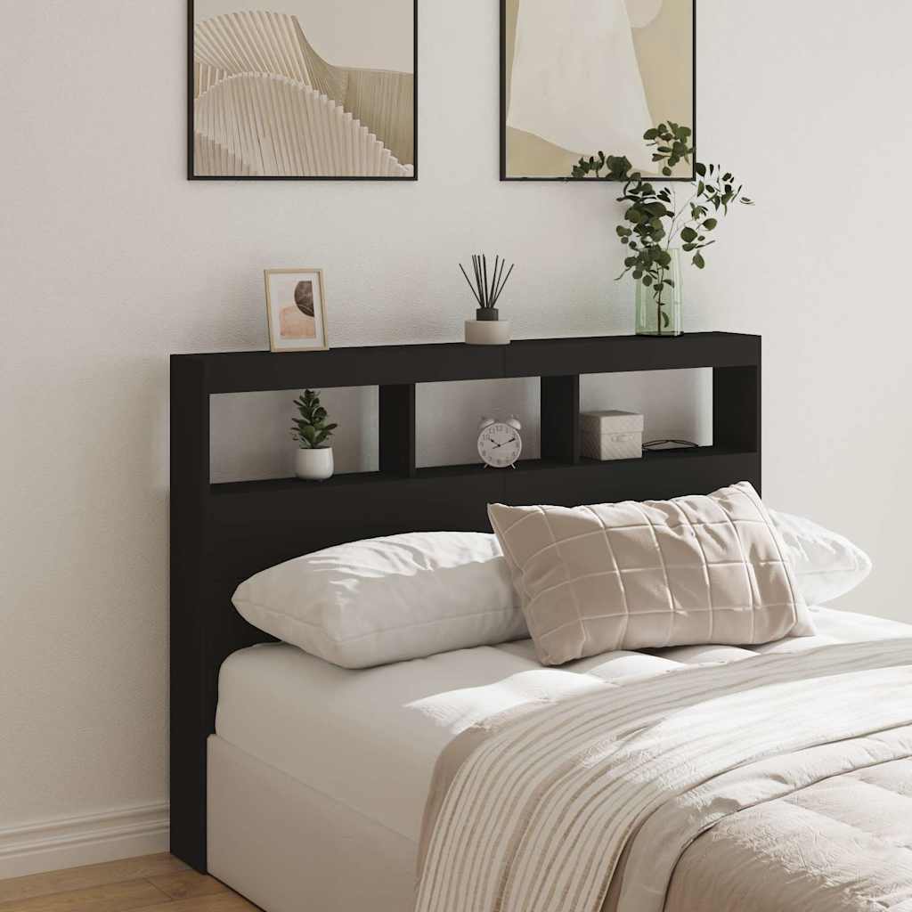 sengegavl med opbevaring og LED-lys 140x17x102 cm sort