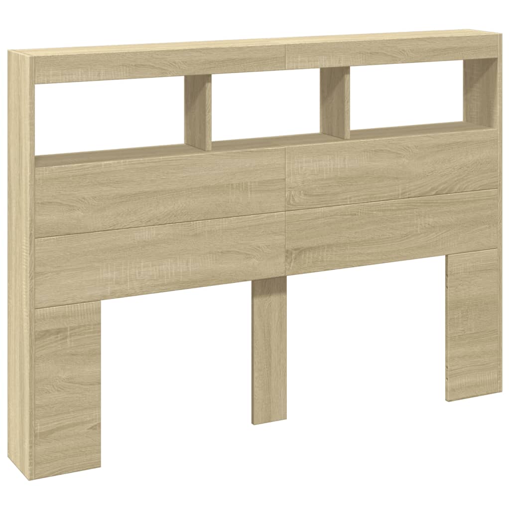 sengegavl med opbevaring og LED-lys 140x17x102 cm sonoma-eg