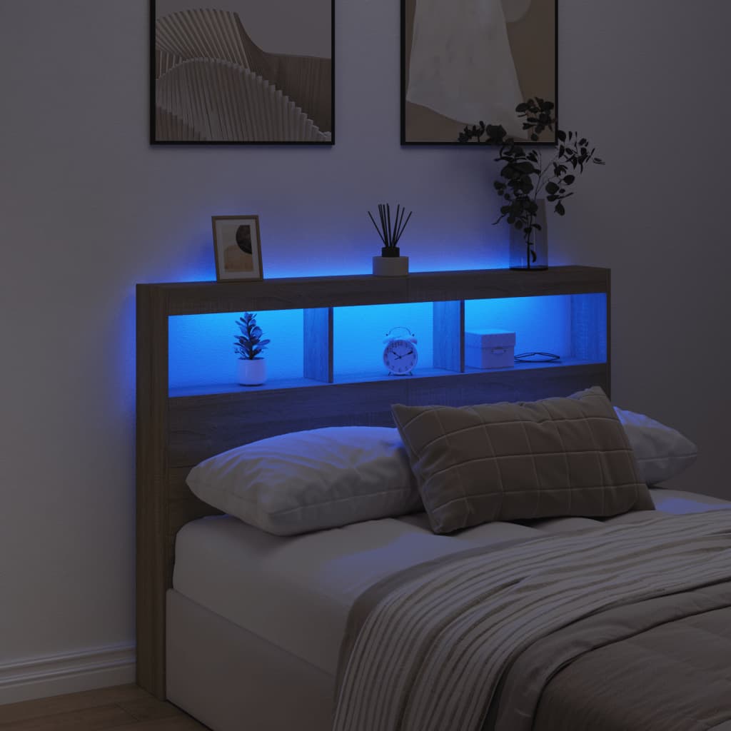 sengegavl med opbevaring og LED-lys 140x17x102 cm sonoma-eg