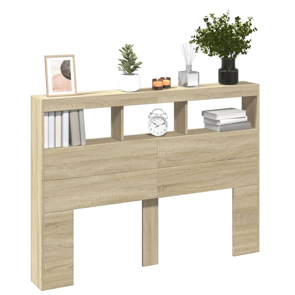 sengegavl med opbevaring og LED-lys 140x17x102 cm sonoma-eg