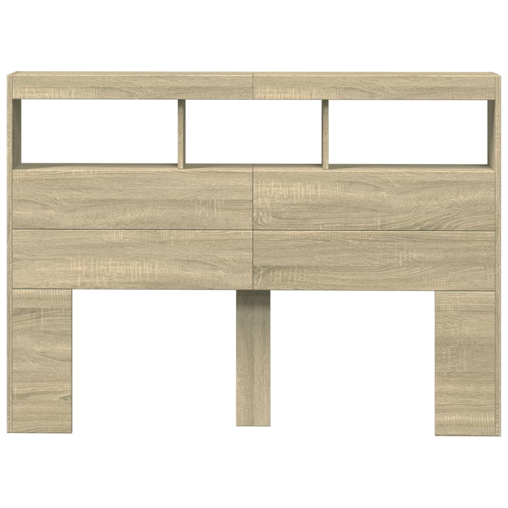 sengegavl med opbevaring og LED-lys 140x17x102 cm sonoma-eg