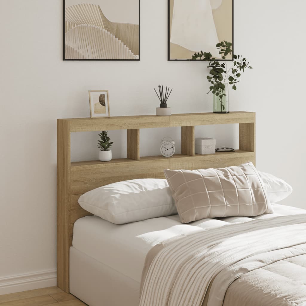 sengegavl med opbevaring og LED-lys 140x17x102 cm sonoma-eg