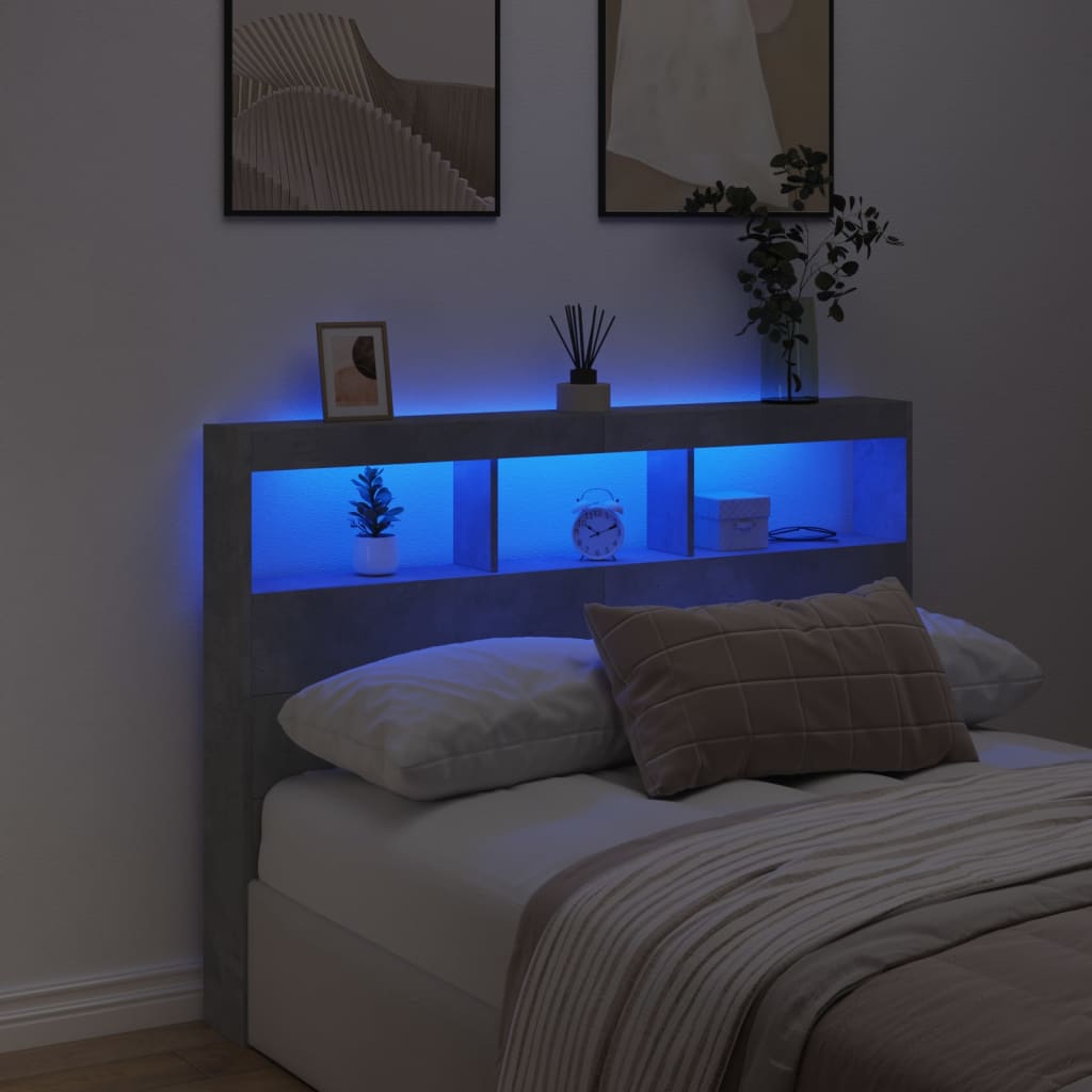 sengegavl med opbevaring og LED-lys 140x17x102 cm betongrå