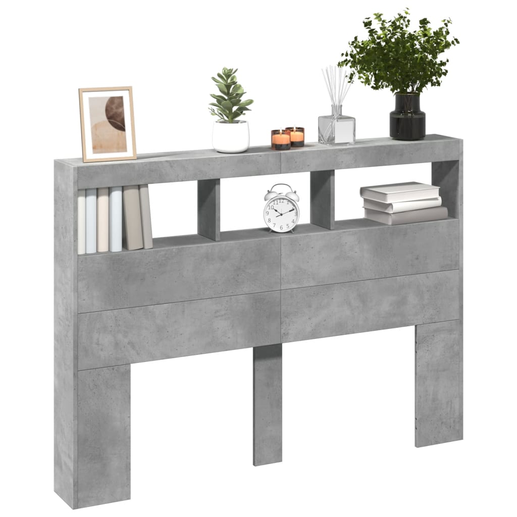 sengegavl med opbevaring og LED-lys 140x17x102 cm betongrå