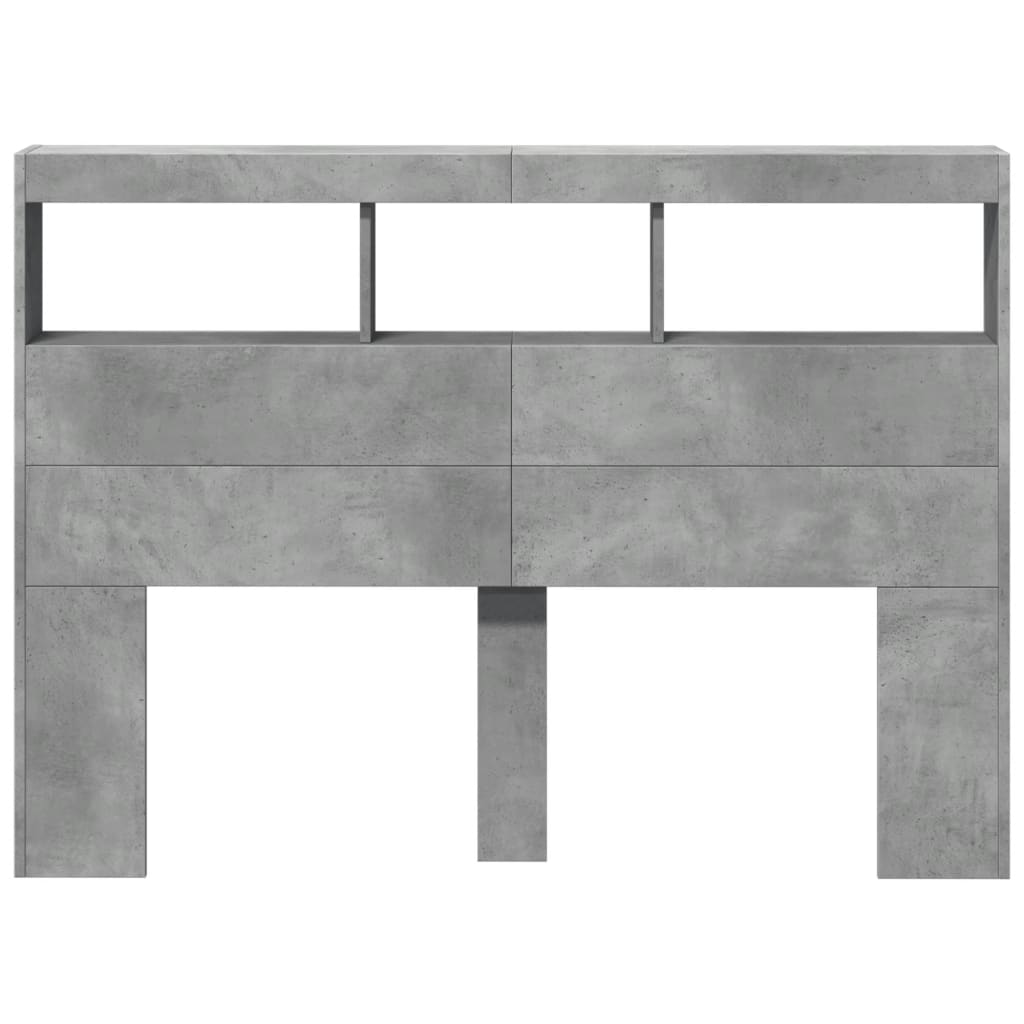 sengegavl med opbevaring og LED-lys 140x17x102 cm betongrå