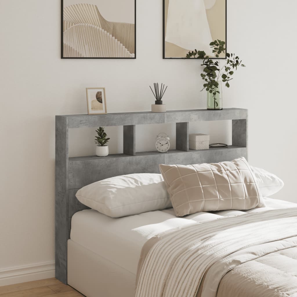 sengegavl med opbevaring og LED-lys 140x17x102 cm betongrå