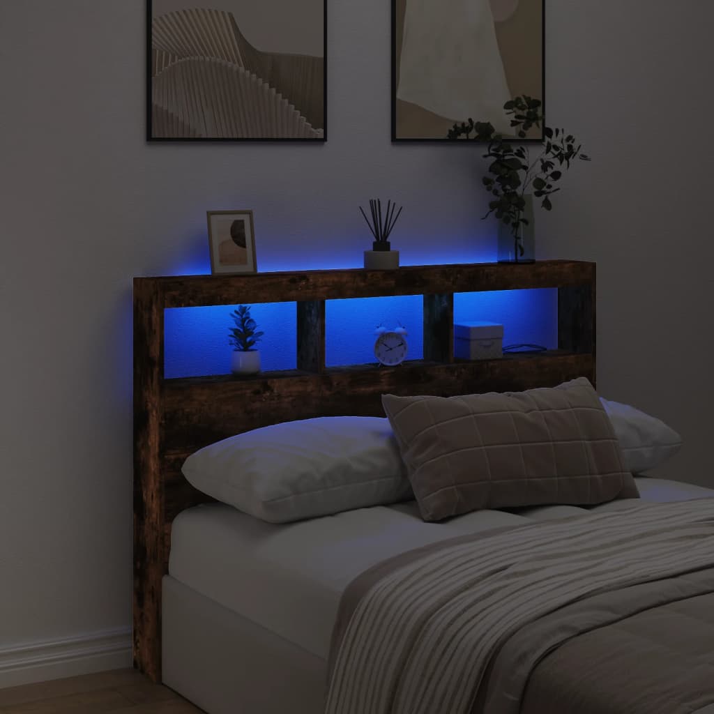 sengegavl med opbevaring og LED-lys 140x17x102 cm røget eg