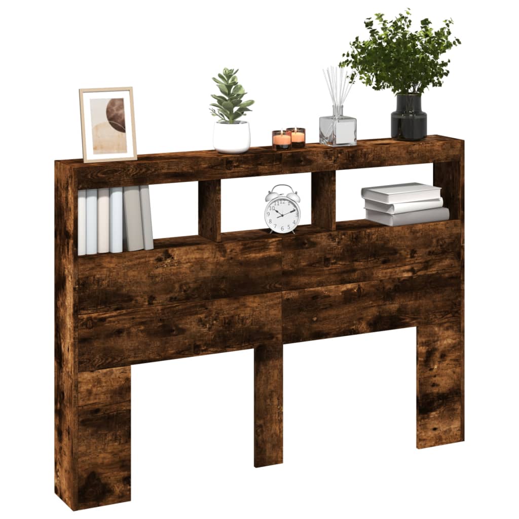 sengegavl med opbevaring og LED-lys 140x17x102 cm røget eg