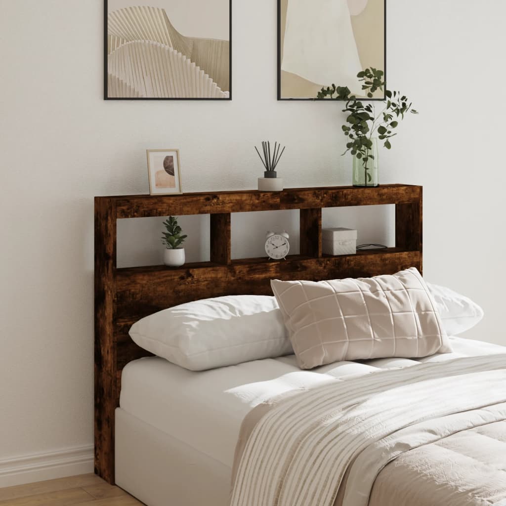 sengegavl med opbevaring og LED-lys 140x17x102 cm røget eg