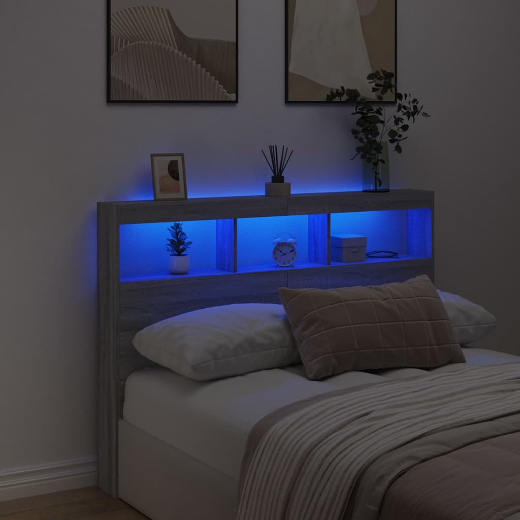 sengegavl med opbevaring og LED-lys 140x17x102 cm grå sonoma-eg