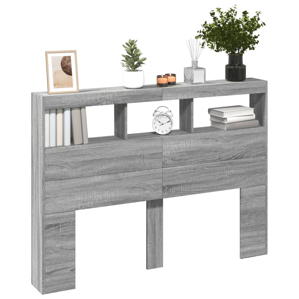 sengegavl med opbevaring og LED-lys 140x17x102 cm grå sonoma-eg