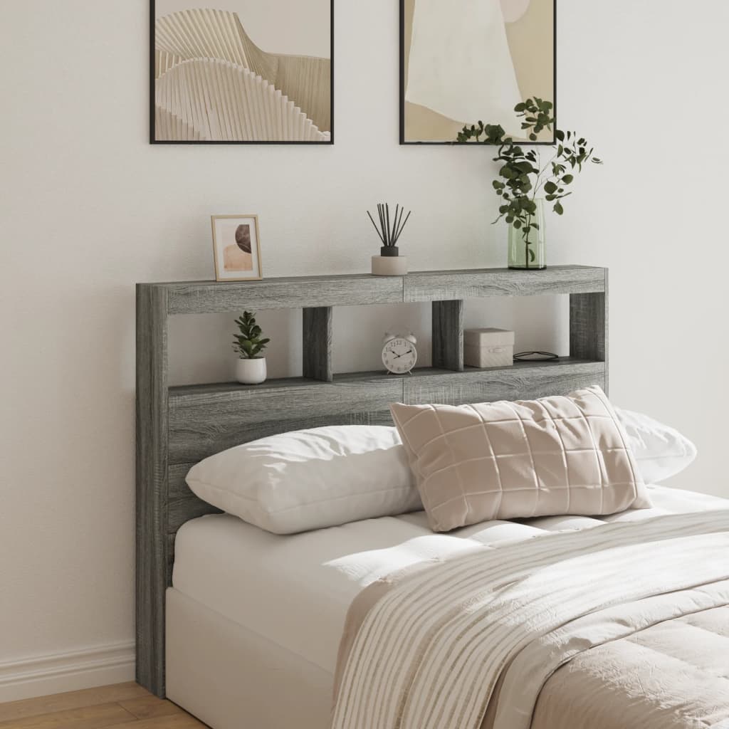 sengegavl med opbevaring og LED-lys 140x17x102 cm grå sonoma-eg