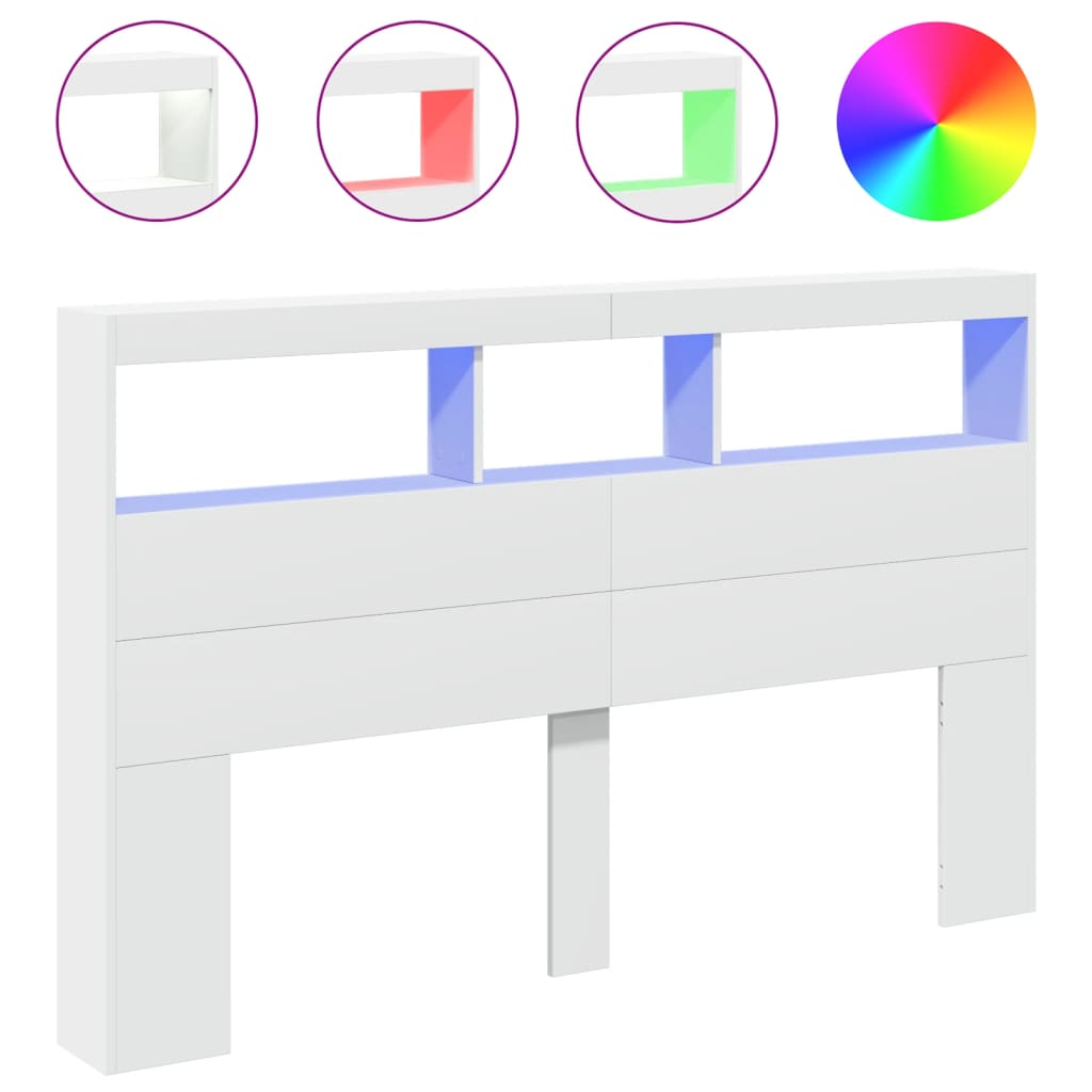 sengegavl med opbevaring og LED-lys 160x17x102 cm hvid