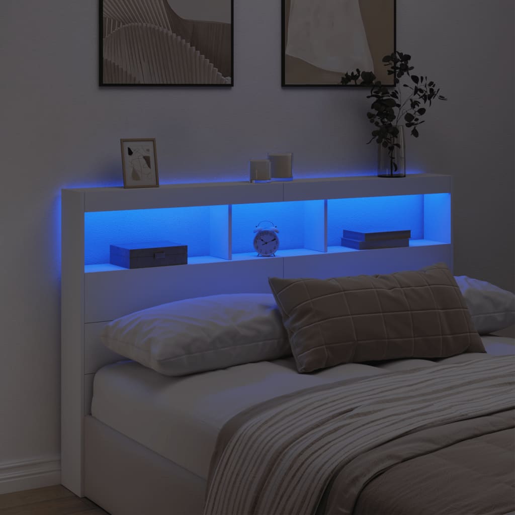 sengegavl med opbevaring og LED-lys 160x17x102 cm hvid