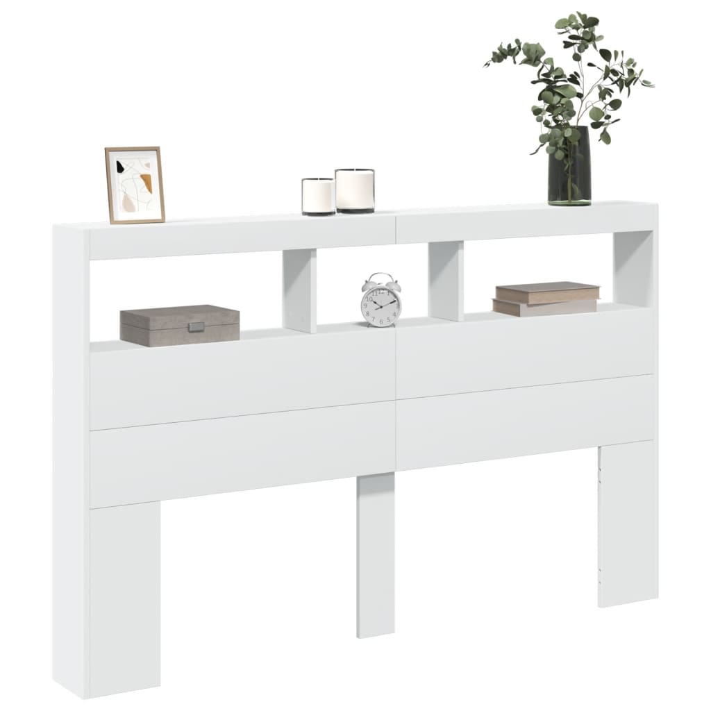 sengegavl med opbevaring og LED-lys 160x17x102 cm hvid
