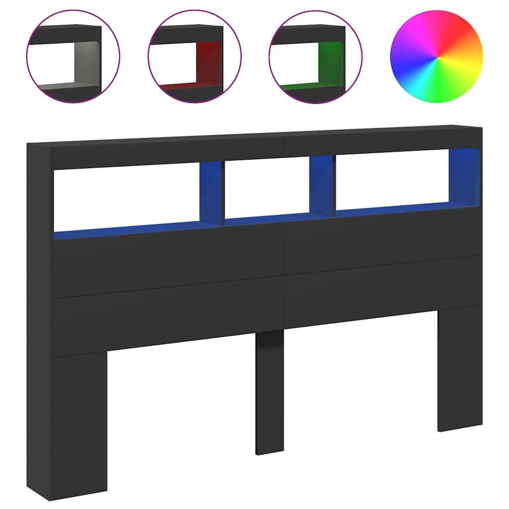 sengegavl med opbevaring og LED-lys 160x17x102 cm sort