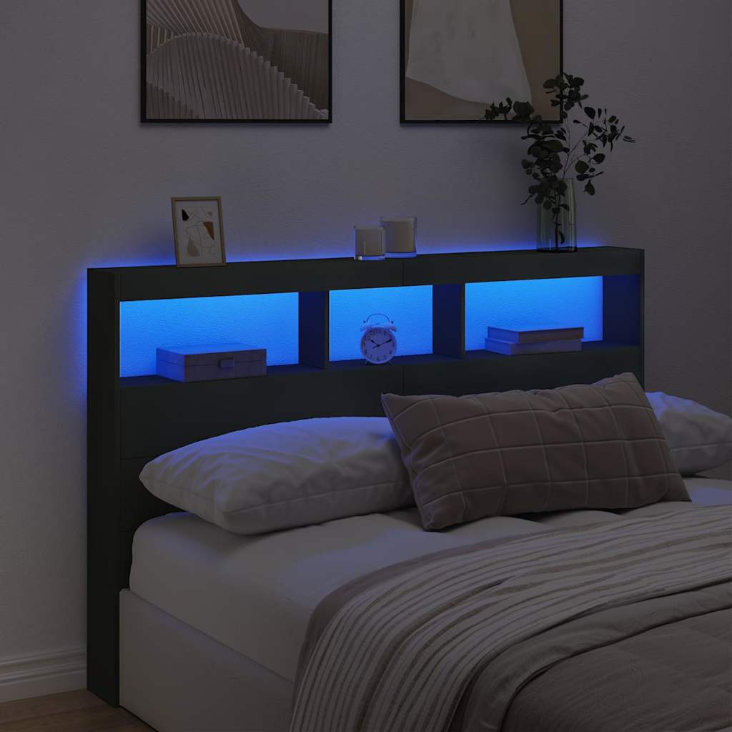 sengegavl med opbevaring og LED-lys 160x17x102 cm sort