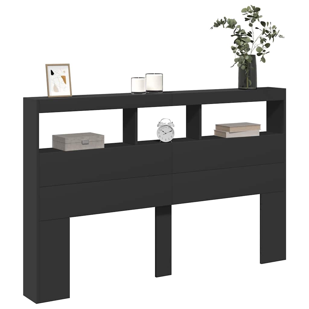 sengegavl med opbevaring og LED-lys 160x17x102 cm sort