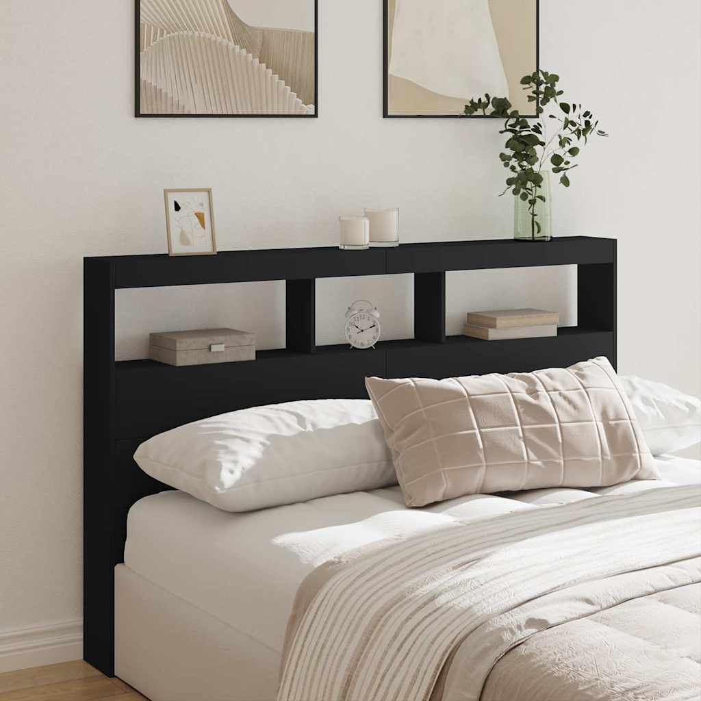 sengegavl med opbevaring og LED-lys 160x17x102 cm sort