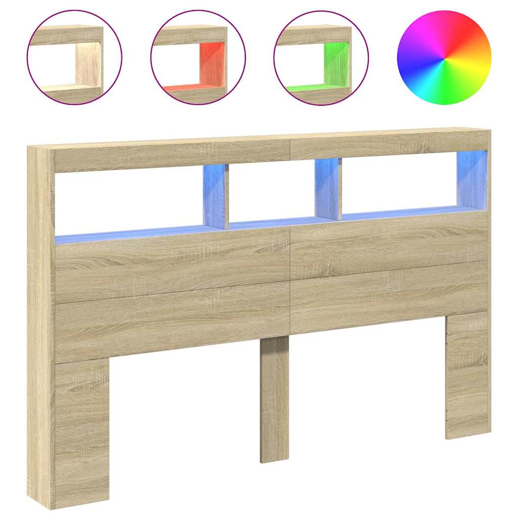 sengegavl med opbevaring og LED-lys 160x17x102 cm sonoma-eg