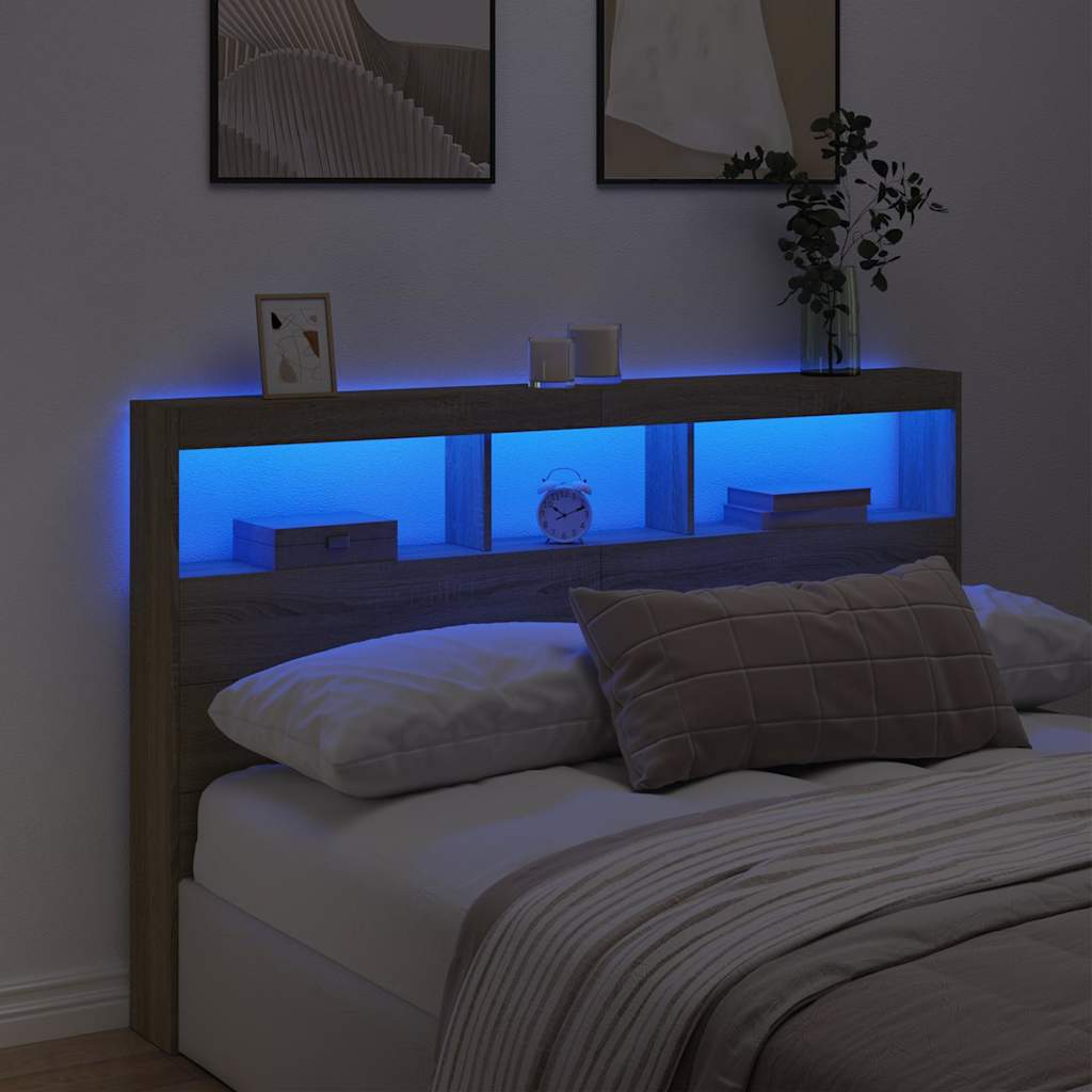 sengegavl med opbevaring og LED-lys 160x17x102 cm sonoma-eg