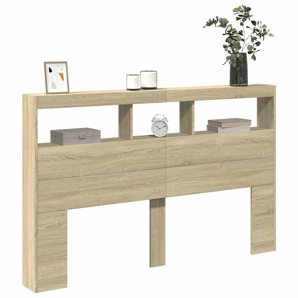 sengegavl med opbevaring og LED-lys 160x17x102 cm sonoma-eg