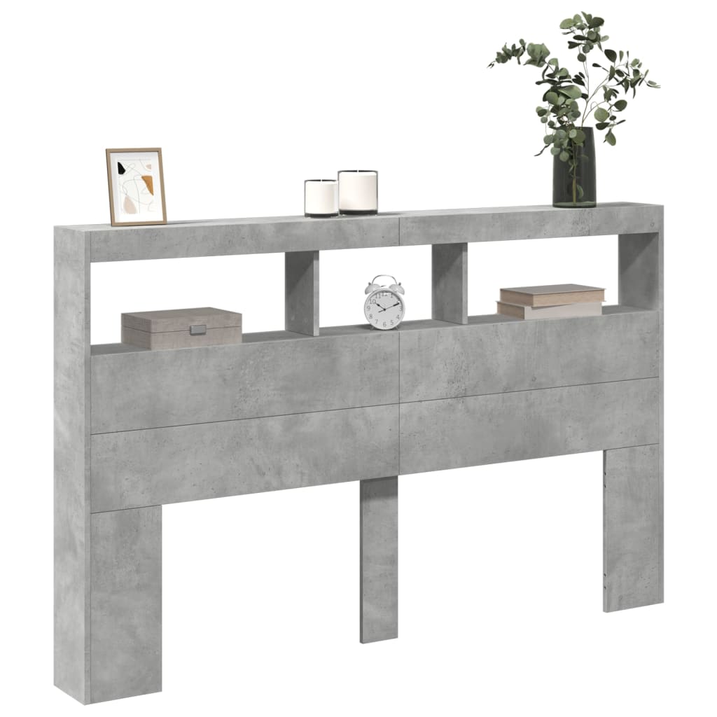 sengegavl med opbevaring og LED-lys 160x17x102 cm betongrå