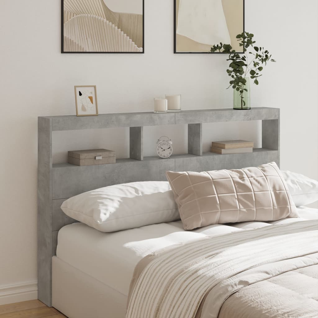 sengegavl med opbevaring og LED-lys 160x17x102 cm betongrå